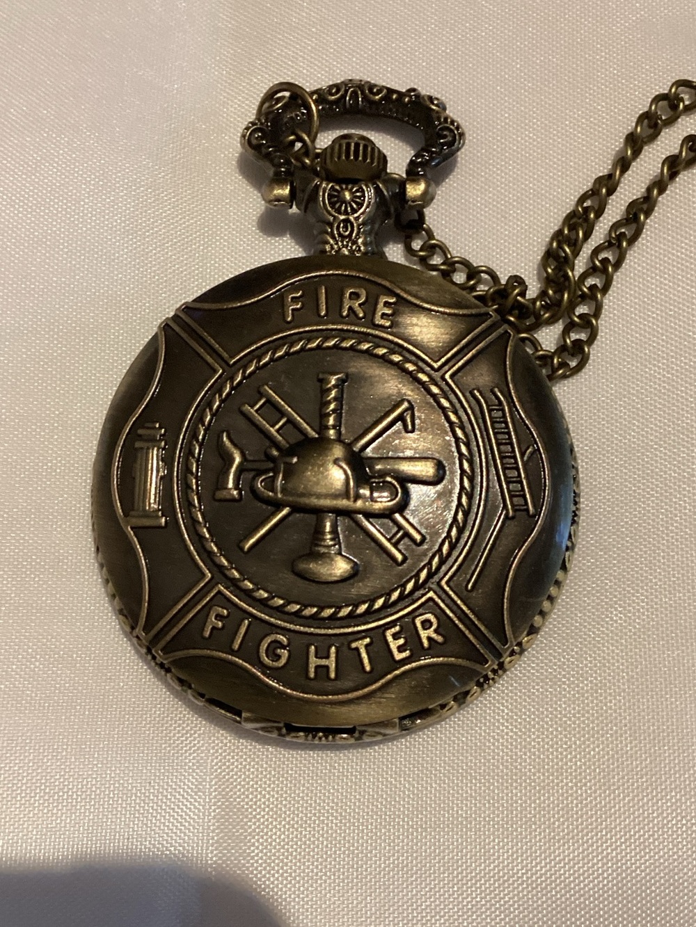 Antique Brass Firefighter Emblem Pocket Watch Necklace